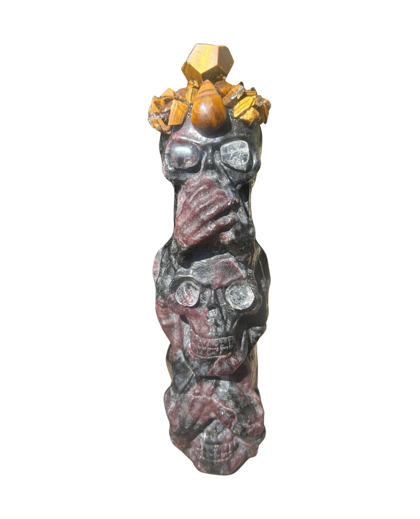 See No, Hear No, Speak No Evil Skull Statue (Garnet in Black Tourmaline+Tiger’s Eye+Clear Quartz)