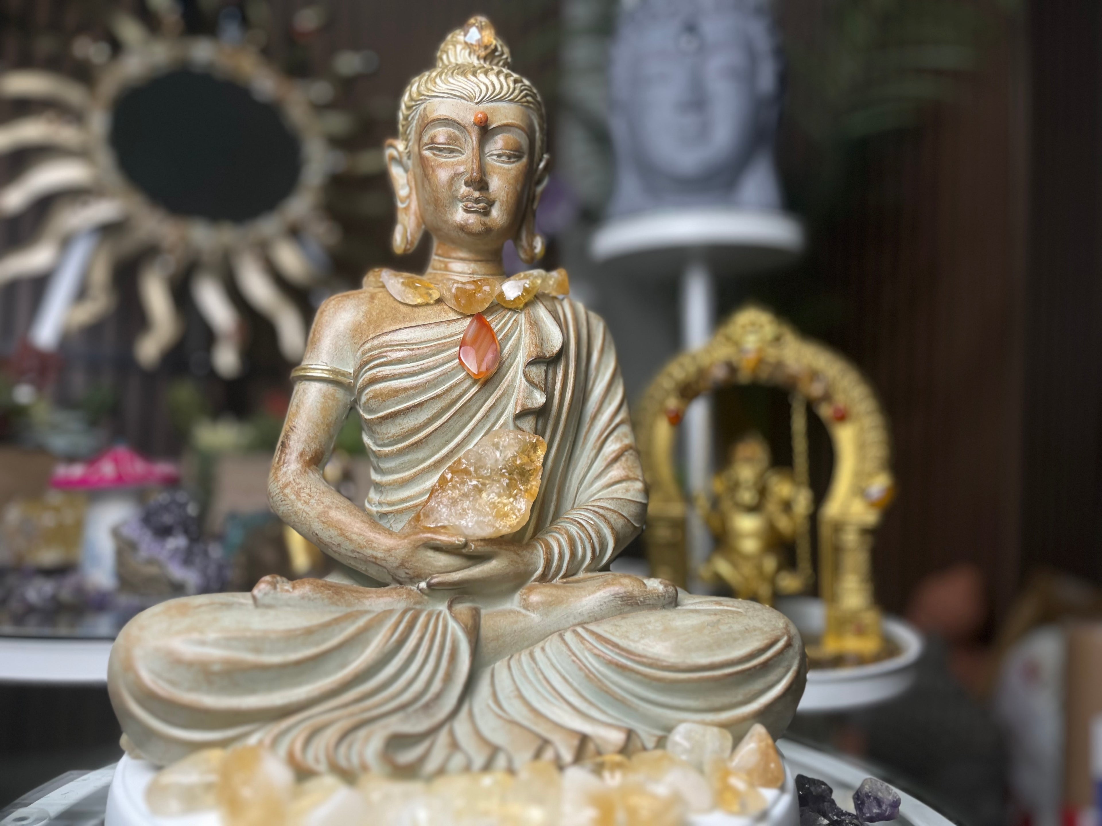 Lotus Sitting Buddha (Citrine+Carnelian+Fossilized Coral+Yellow Opal)