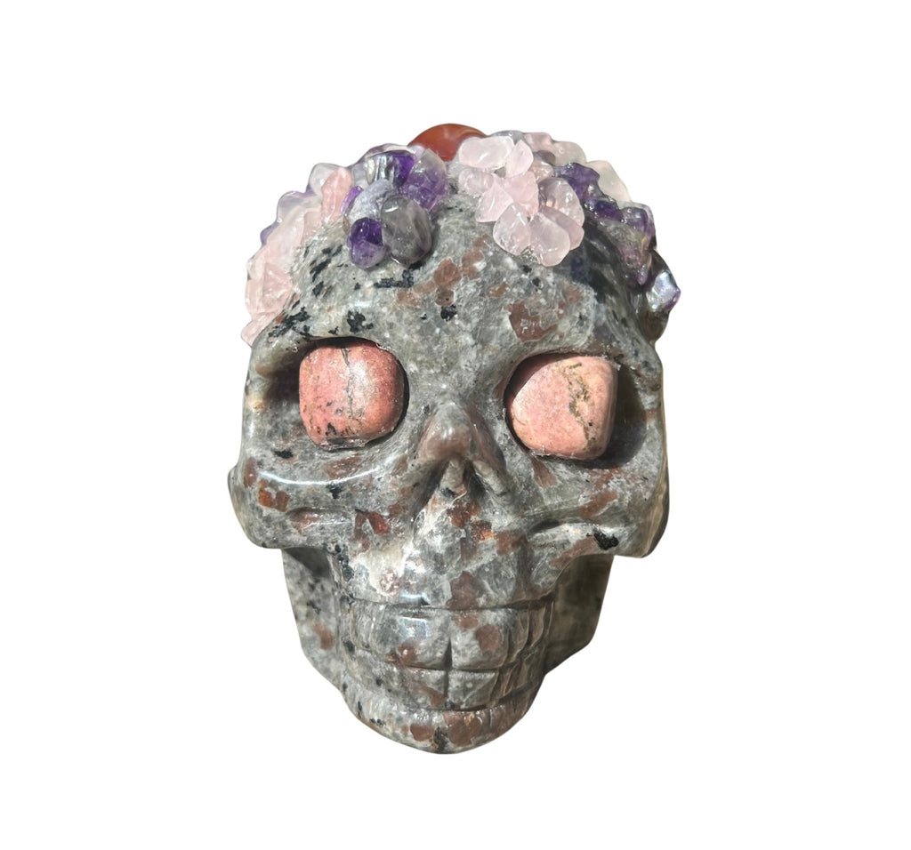 Skull (Astrophyllite+Rhodonite+Carnelian+Amethyst+Rose Quartz)