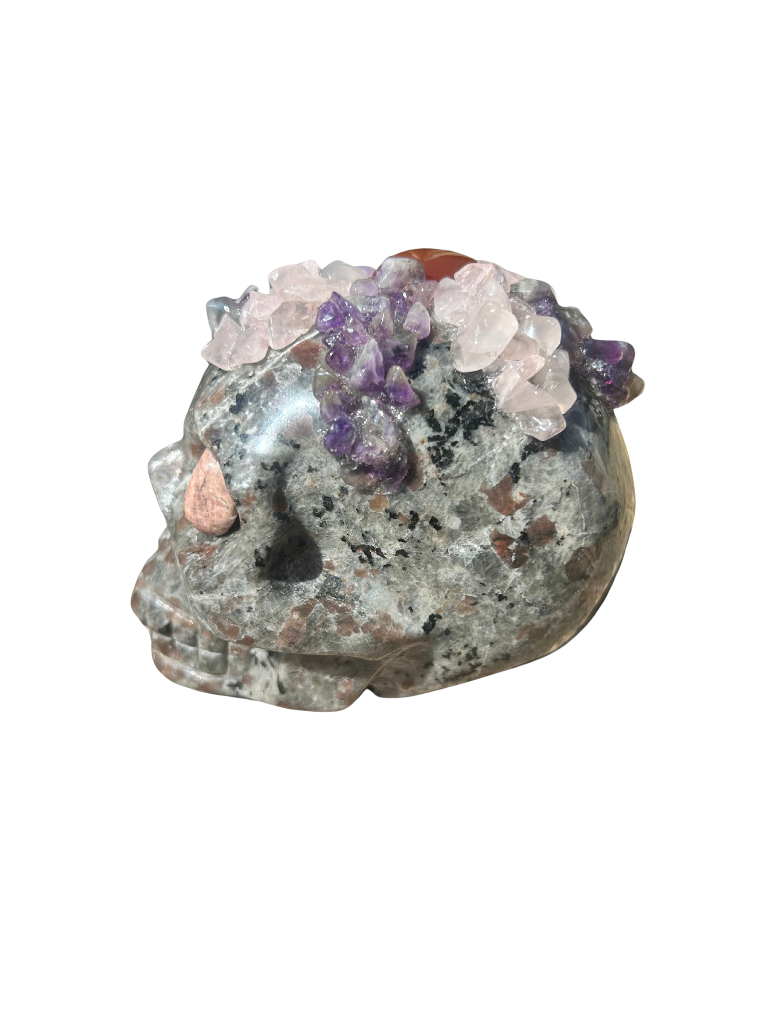 Skull (Astrophyllite+Rhodonite+Carnelian+Amethyst+Rose Quartz)