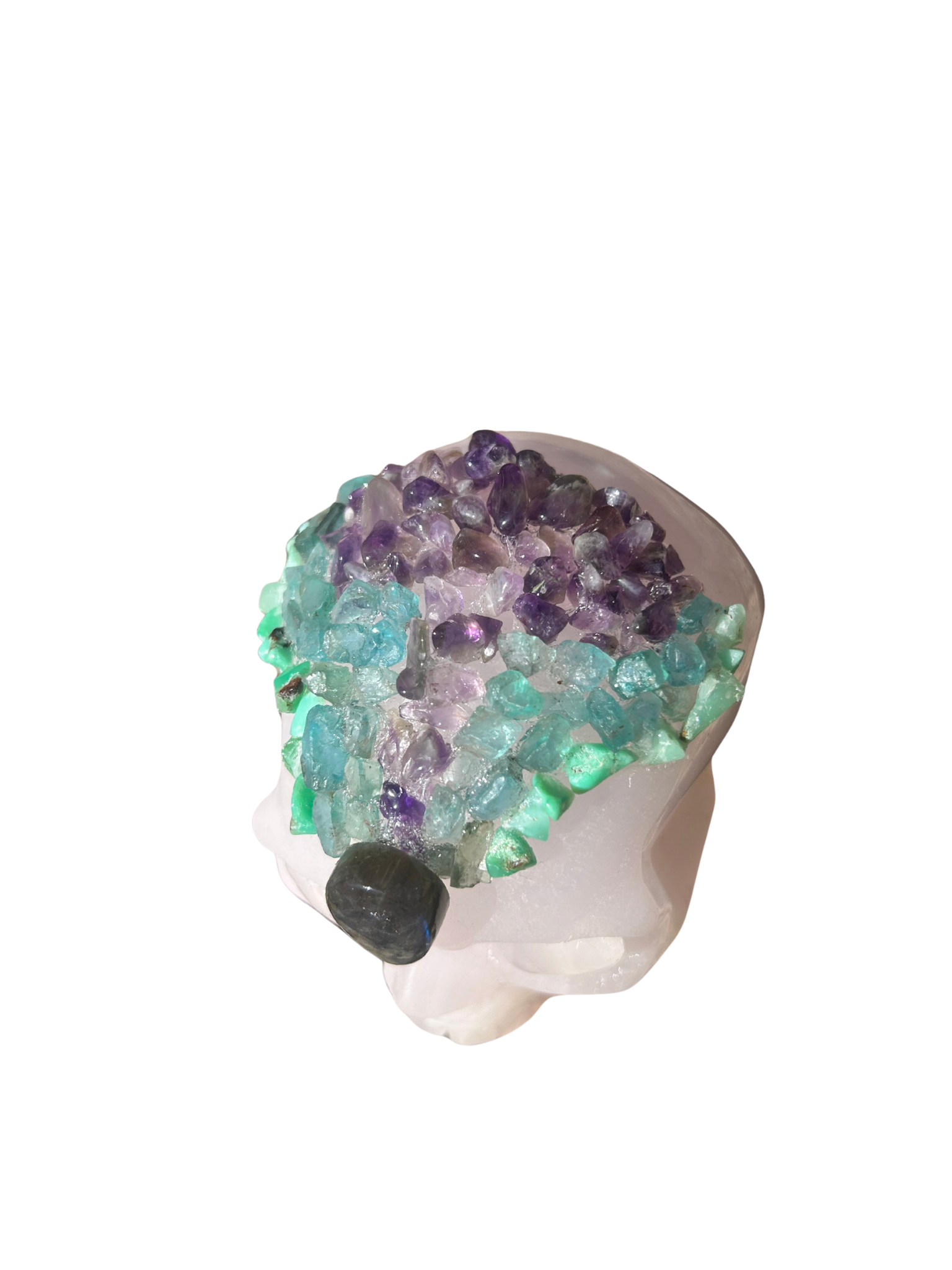 Skull (Mangano Calcite+Labradorite+Chrysoprase+Blue Apatite+Amethyst)