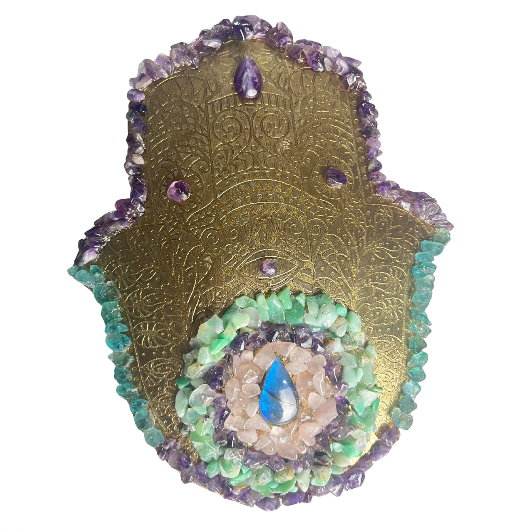 Hamsa Wall Decor (Labradorite+Rose Quartz+Chrysoprase+Blue Apatite+Amethyst)