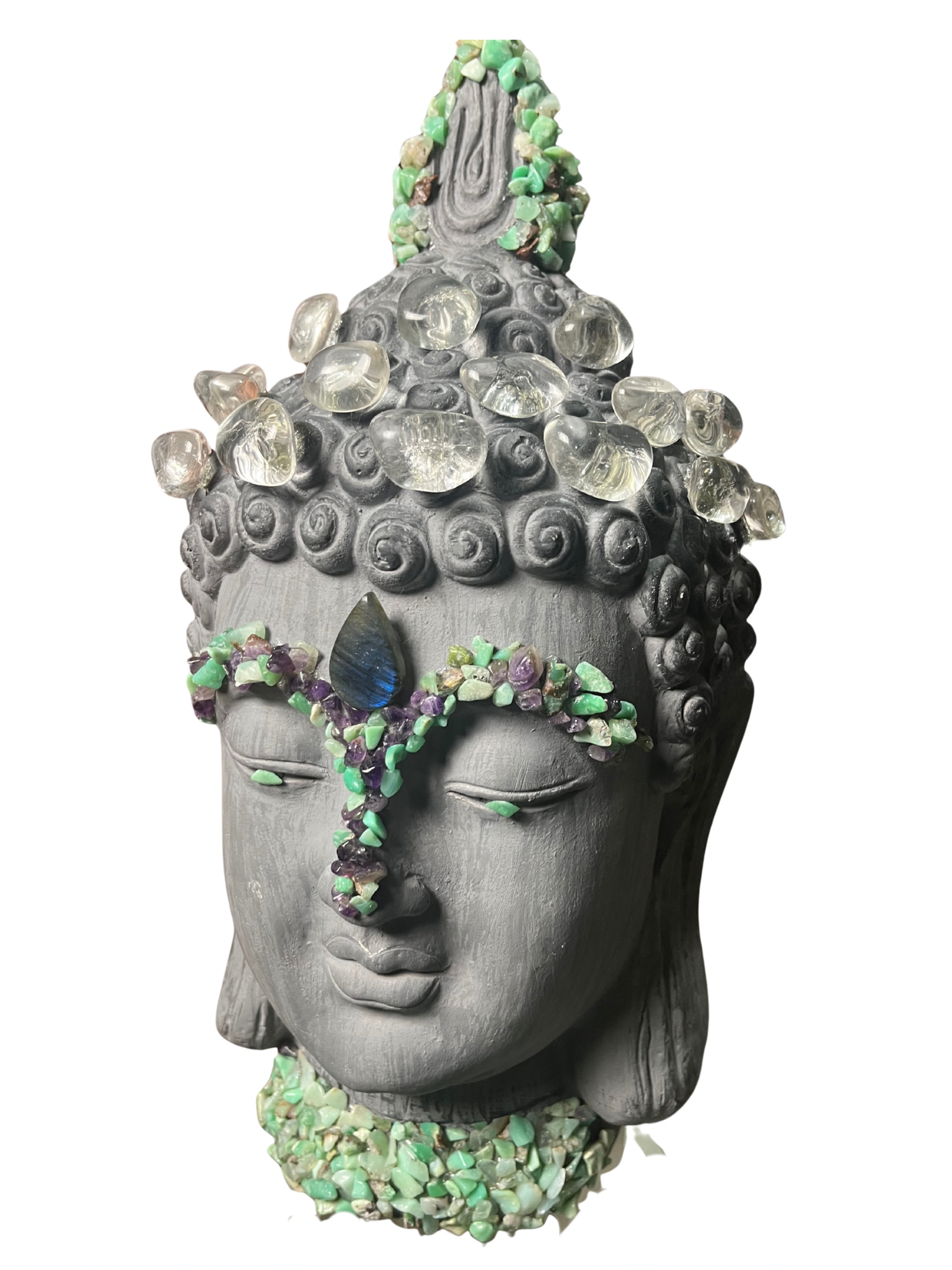 Crystal Buddha Head (AAA Amethyst+Lemurian Quartz+Labradorite+  Chrysoprase)