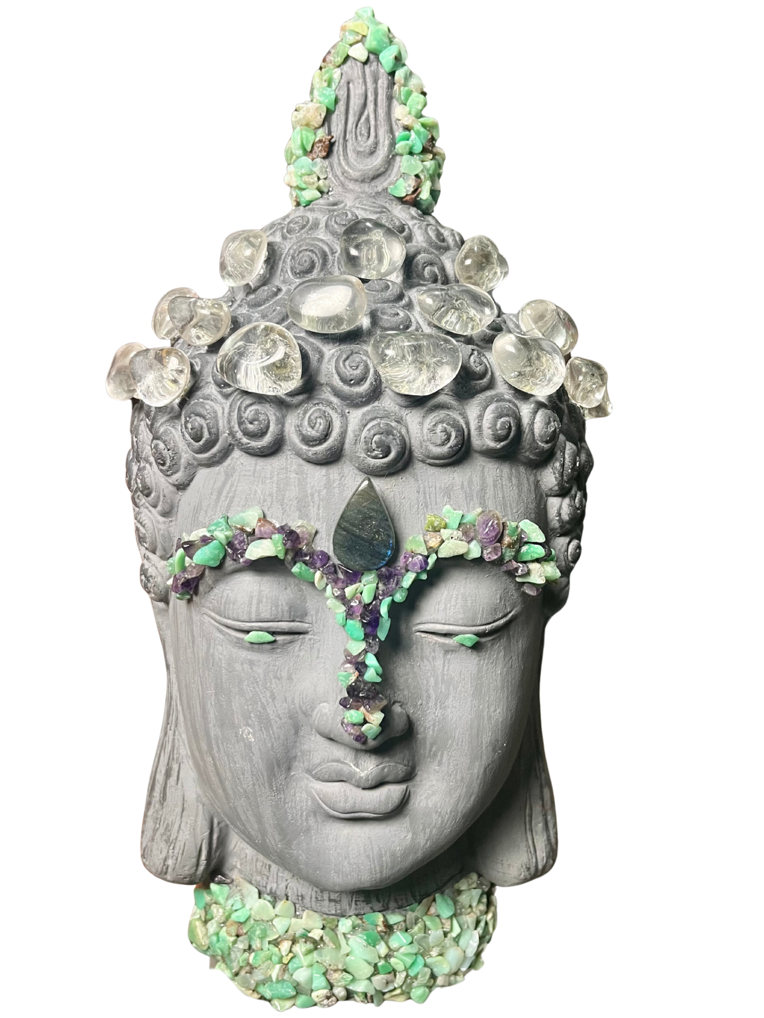 Crystal Buddha Head (AAA Amethyst+Lemurian Quartz+Labradorite+  Chrysoprase)